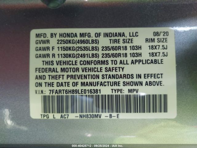 7FART6H89LE016381 Honda Cr-v Hybrid Ex-l