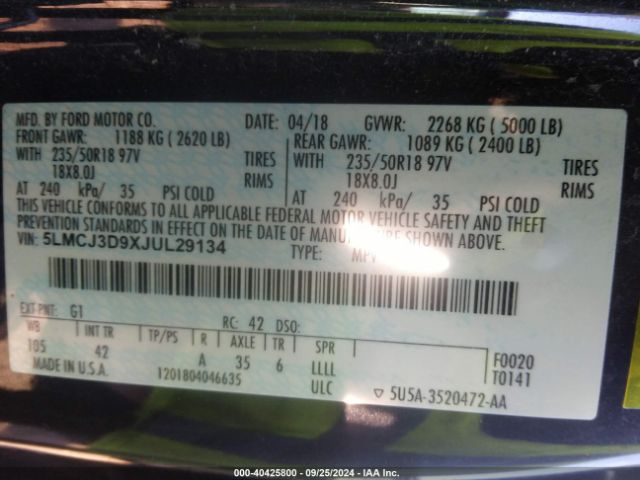5LMCJ3D9XJUL29134 Lincoln Mkc Reserve