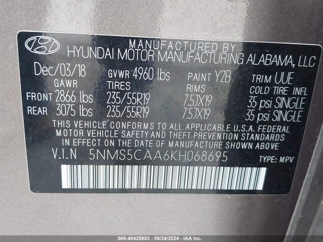 Hyundai Santa Fe Ultimate 2.0t 2019 5NMS5CAA6KH068695 Image 9