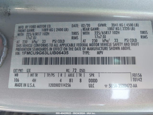 Ford ESCAPE SE 2020 1FMCU9G63LUB06435 Image 9
