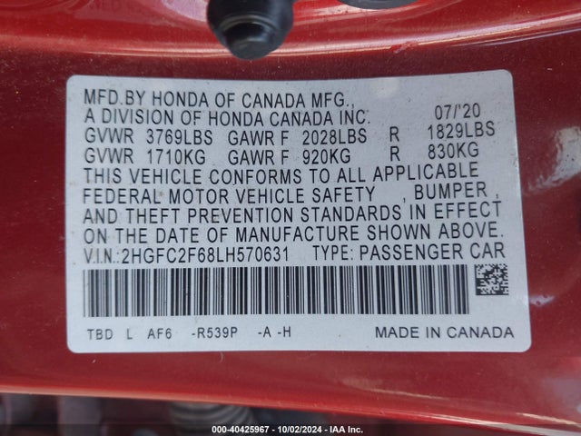 Honda Civic Lx 2020 2HGFC2F68LH570631 Image 9