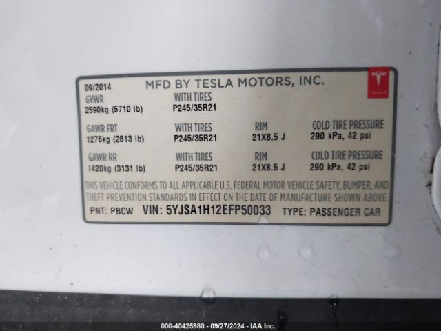 5YJSA1H12EFP50033 Tesla Model S P85