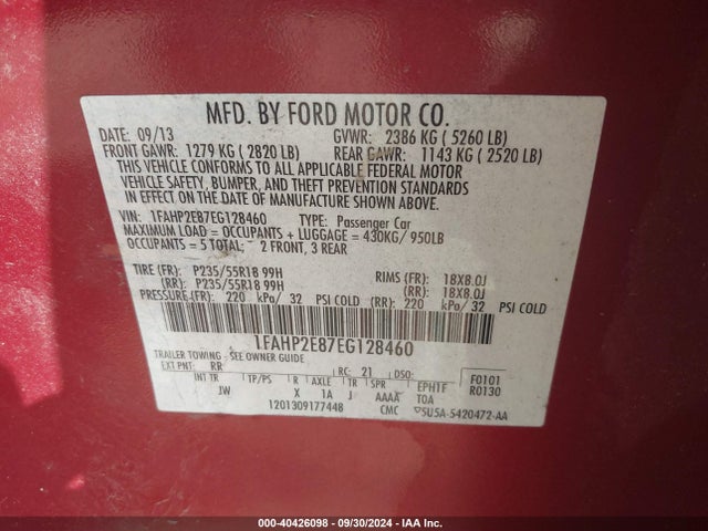1FAHP2E87EG128460 Ford TAURUS SEL