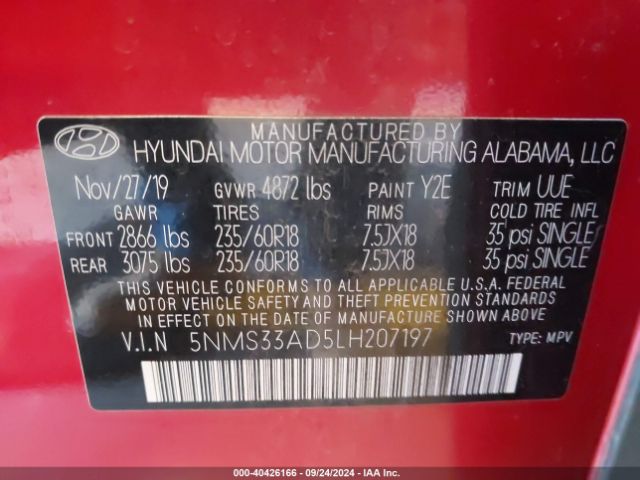 5NMS33AD5LH207197 Hyundai Santa Fe Sel