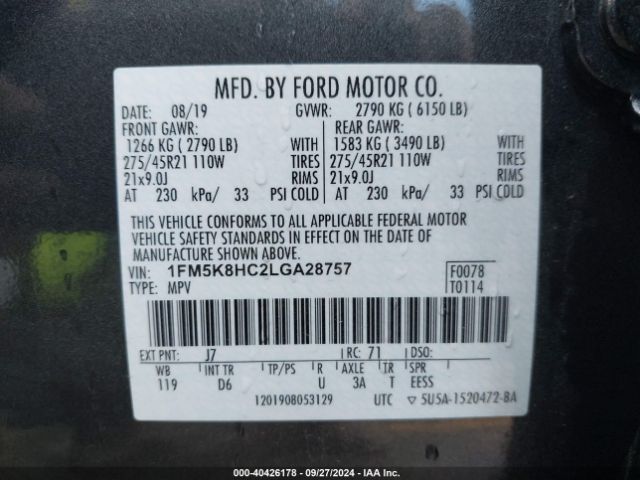 1FM5K8HC2LGA28757 Ford Explorer Platinum