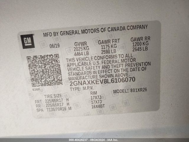 2GNAXKEV8L6106070 Chevrolet Equinox Fwd Lt 1.5l Turbo