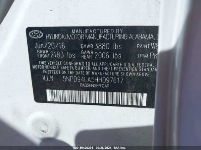5NPD94LA5HH097617 Hyundai Elantra Eco