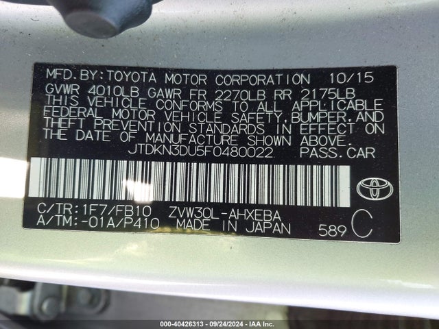 Toyota Prius Two 2015 JTDKN3DU5F0480022 Image 9