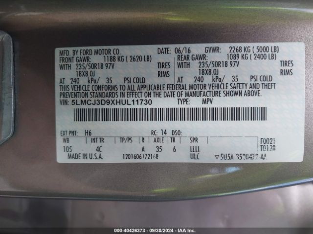 5LMCJ3D9XHUL11730 Lincoln Mkc Reserve