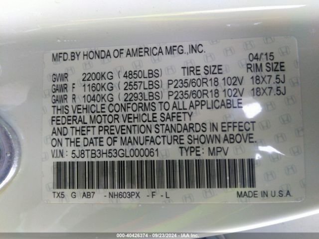 5J8TB3H53GL000061 Acura Rdx Technology   Acurawatch Plus Packages/technology Package