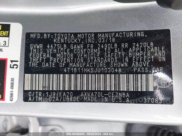 Toyota CAMRY LE 2018 4T1B11HK5JU103048 Image 9