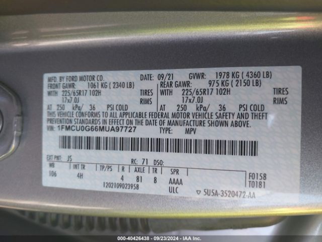 2021 FORD ESCAPE 1FMCU0G66MUA97727 Photo 8