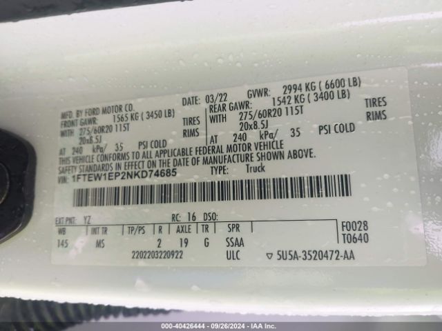 1FTEW1EP2NKD74685 Ford F-150 Xlt