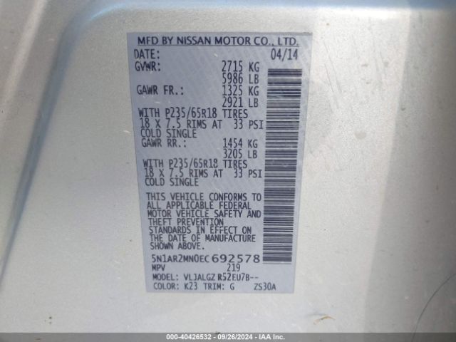 5N1AR2MN0EC692578 Nissan Pathfinder Platinum/s/sl/sv
