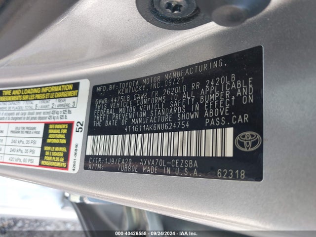 Toyota CAMRY SE 2022 4T1G11AK6NU624754 Image 9