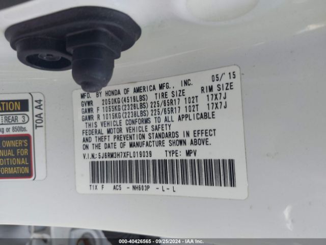5J6RM3H7XFL019039 Honda Cr-v Ex-l