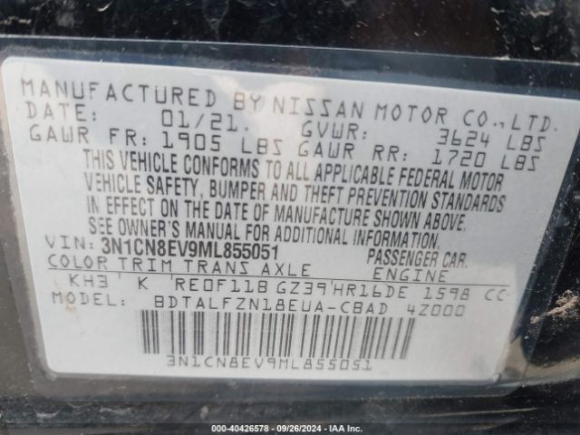 3N1CN8EV9ML855051 Nissan Versa Sv Xtronic Cvt