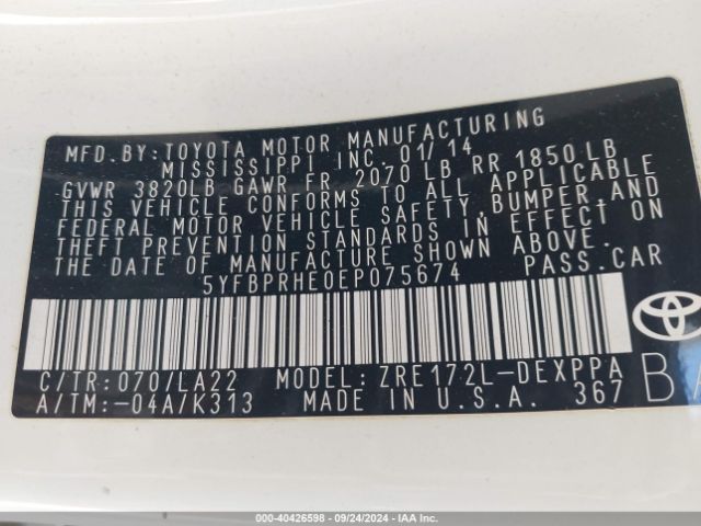 5YFBPRHE0EP075674 Toyota Corolla Le Eco Premium