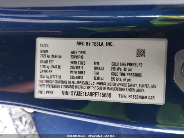 5YJ3E1EA8PF715688 Tesla Model 3 Rear-wheel Drive