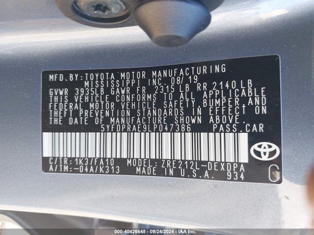 Toyota COROLLA L 2020 5YFDPRAE9LP047386 Image 9