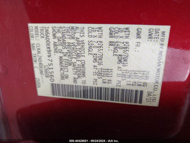 1N6AD0ER9FN751560 Nissan Frontier Sv