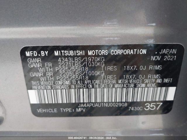 JA4APUAU1NU002908 Mitsubishi Outlander Sport 2.0 Be 2wd/2.0 Es 2wd/2.0 Le 2wd/2.0 S 2wd
