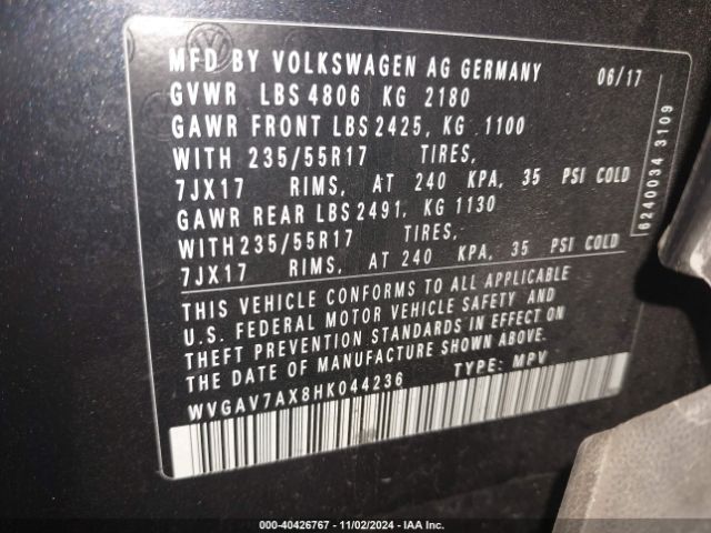 WVGAV7AX8HK044236 Volkswagen Tiguan 2.0t/2.0t S