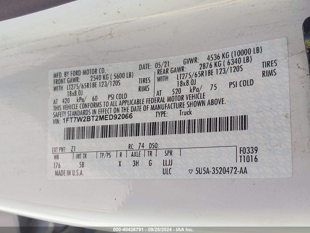 Ford F-250 Lariat 2021 1FT7W2BT2MED92066 Image 9