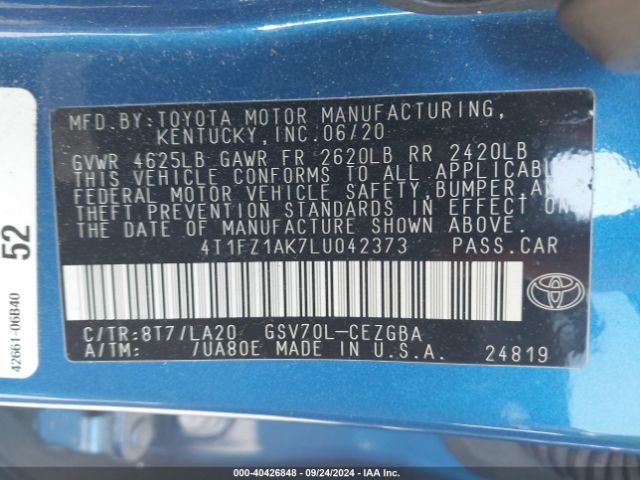 4T1FZ1AK7LU042373 Toyota Camry Xle V6