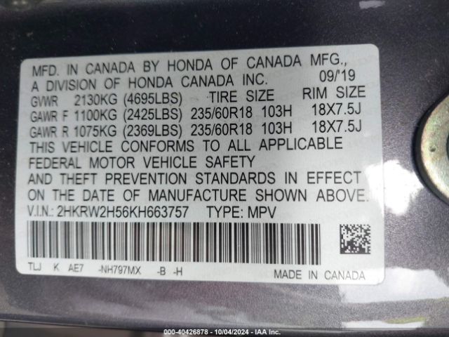 2HKRW2H56KH663757 Honda CR-V EX