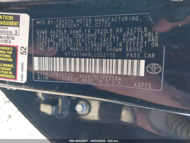 4T1G11AK8LU352110 Toyota Camry Se Nightshade Edition