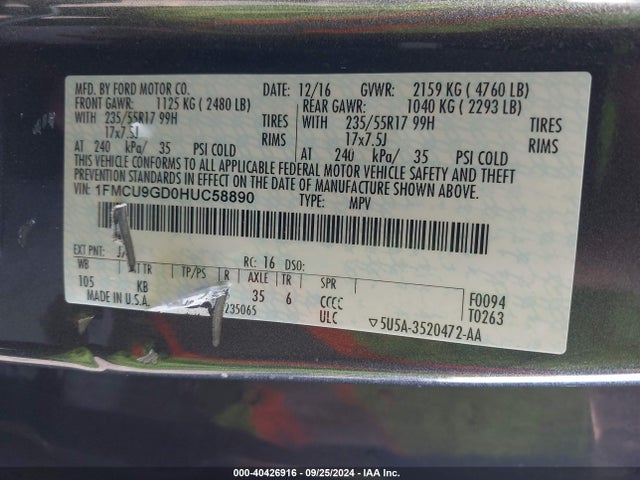 Ford ESCAPE SE 2017 1FMCU9GD0HUC58890 Image 9