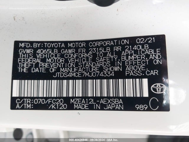 Toyota COROLLA SE 2021 JTDS4MCE7MJ074334 Image 9