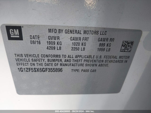 Chevrolet MALIBU 2LT 2016 1G1ZF5SX6GF355896 Image 9