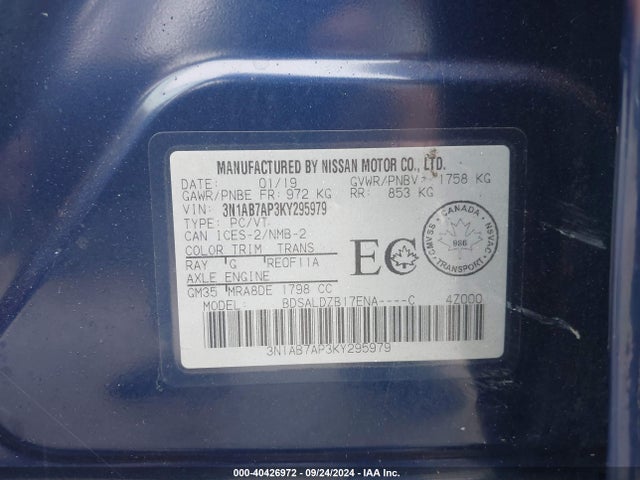 Nissan Sentra S/sl/sr/sv 2019 3N1AB7AP3KY295979 Image 9