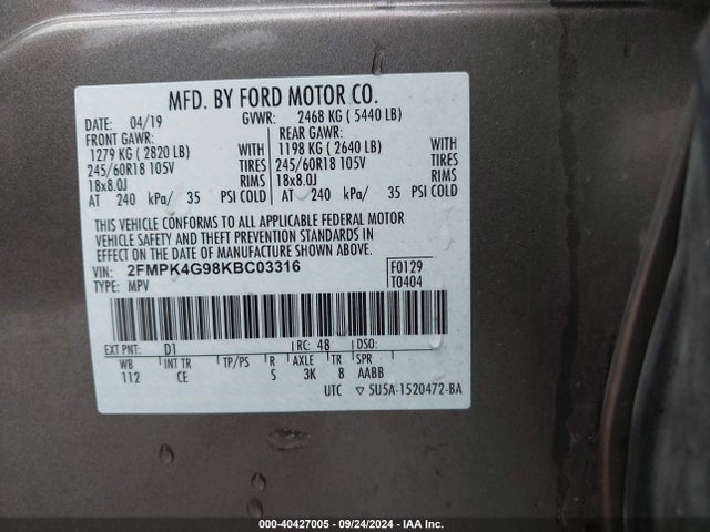 Ford EDGE SE 2019 2FMPK4G98KBC03316 Image 9