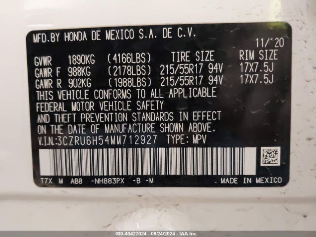 3CZRU6H54MM712927 Honda Hr-v Awd Ex