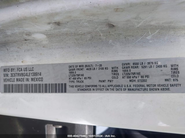 3C6TRVBG4LE138914 RAM Promaster 1500 High Roof 136 Wb