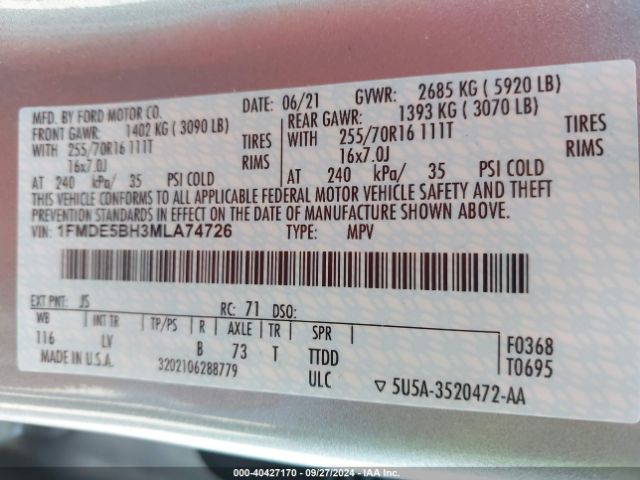 1FMDE5BH3MLA74726 Ford Bronco