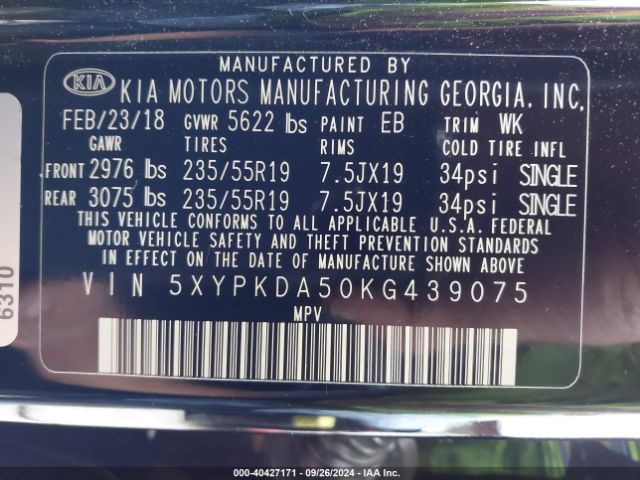 5XYPKDA50KG439075 KIA Sorento 3.3l Sxl