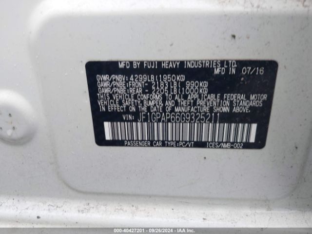 JF1GPAP66G9325211 Subaru Impreza 2.0i Sport Premium