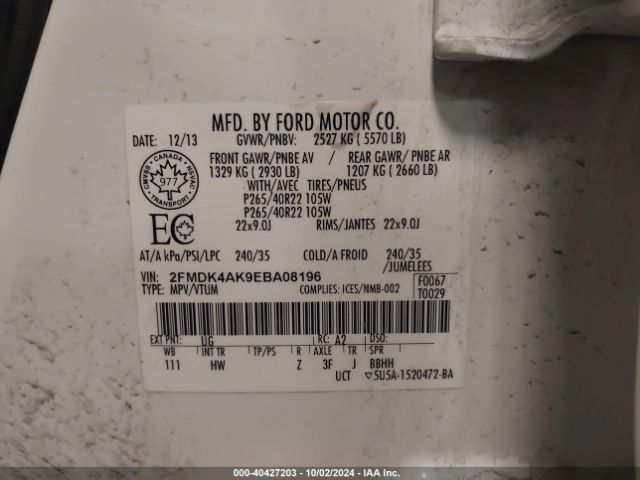2FMDK4AK9EBA08196 Ford EDGE SPORT