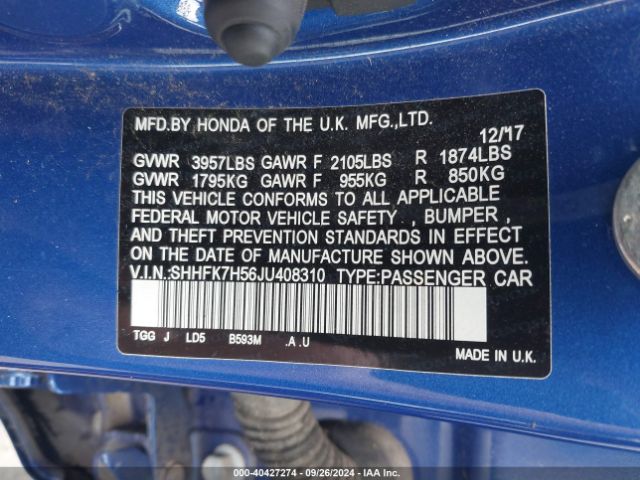 SHHFK7H56JU408310 Honda CIVIC EX