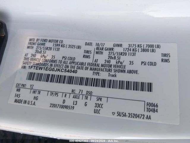 1FTEW1EG0JKC54040 Ford F-150 Lariat