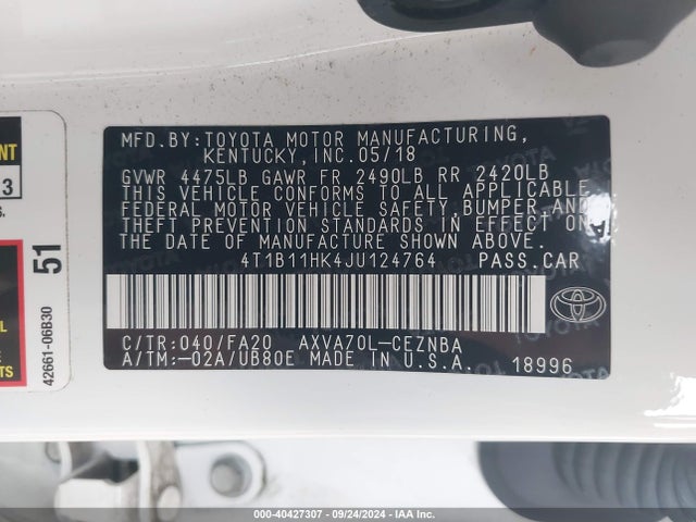 Toyota CAMRY LE 2018 4T1B11HK4JU124764 Image 9