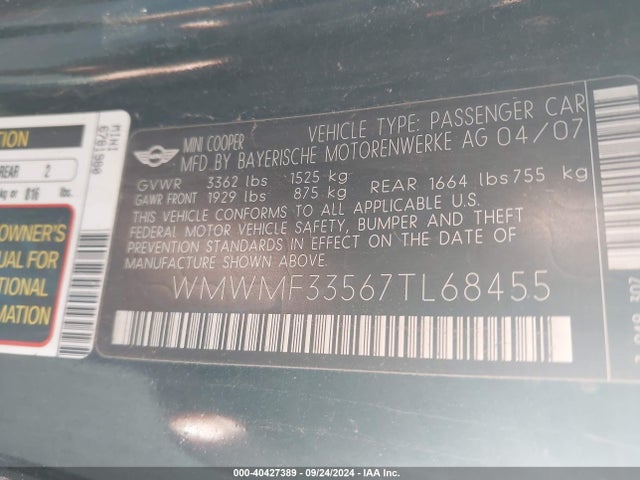 2007 MINI COOPER WMWMF33567TL68455 Photo 8