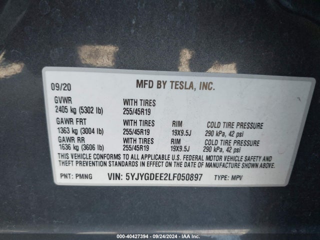 2020 TESLA MODEL Y 5YJYGDEE2LF050897 Photo 8
