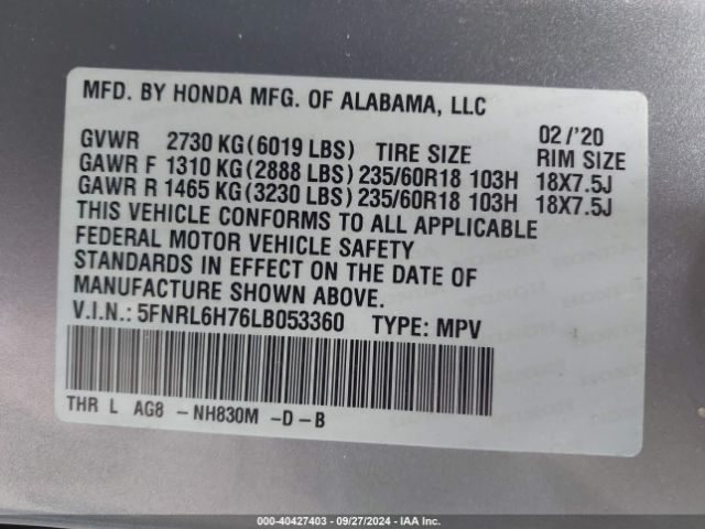 5FNRL6H76LB053360 Honda Odyssey Ex-l/ex-l W/navi   Res
