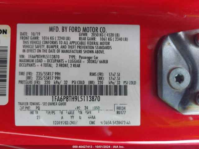1FA6P8TH9L5113870 Ford Mustang Ecoboost Fastback