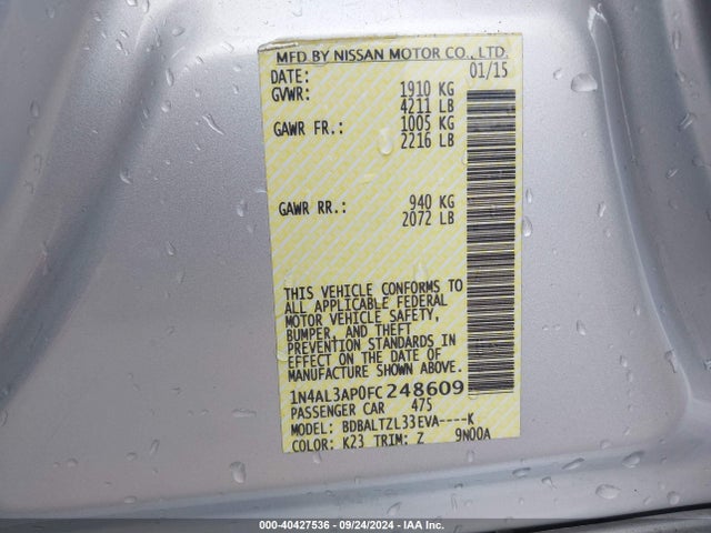 Nissan Altima 2.5 Sl 2015 1N4AL3AP0FC248609 Image 9